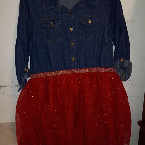 Lilt Girls Plus 3/4 Roll Sleeve Denim Red Gold Glitter Mesh Dress Size XXL(20.5) - Picture 4 of 10